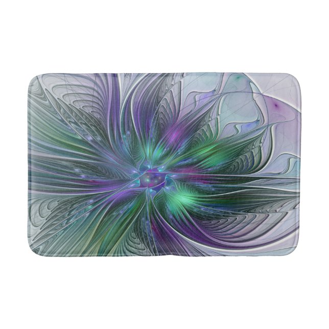Purple Green Flower Modern Abstract Art Fractal Bath Mat (Front)