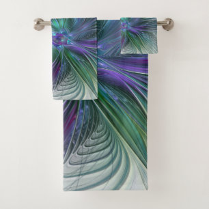 Purple Green Flower Modern Abstract Art Fractal Bath Towel Set
