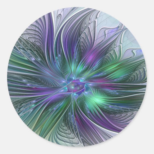 Purple Green Flower Modern Abstract Art Fractal Classic Round Sticker (Front)