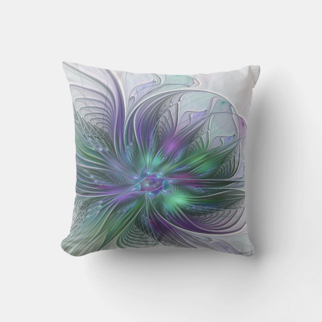 Purple Green Flower Modern Abstract Art Fractal Cushion (Front)