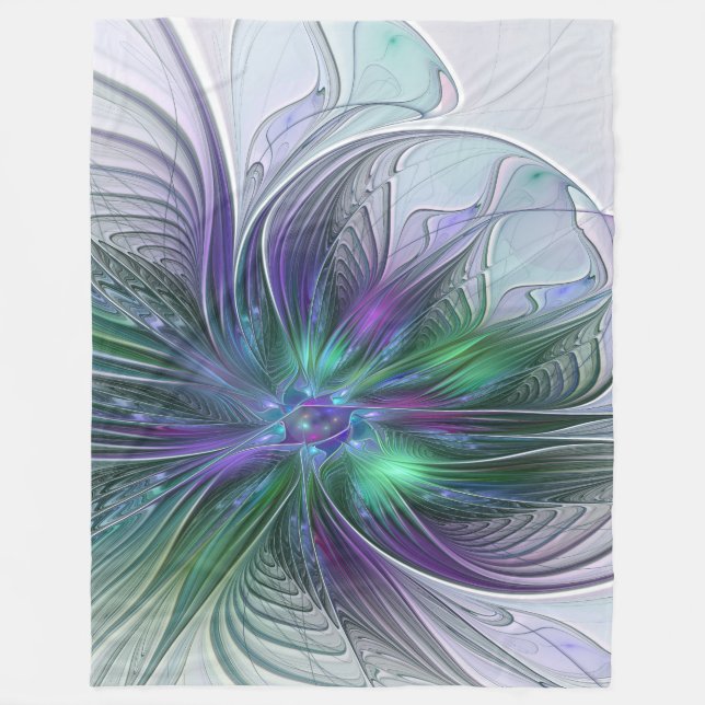 Purple Green Flower Modern Abstract Art Fractal Fleece Blanket (Front)