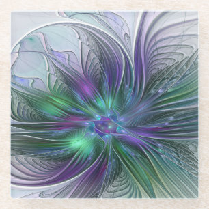 Purple Green Flower Modern Abstract Art Fractal Glass Coaster