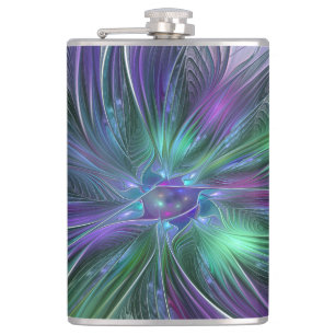 Purple Green Flower Modern Abstract Art Fractal Hip Flask