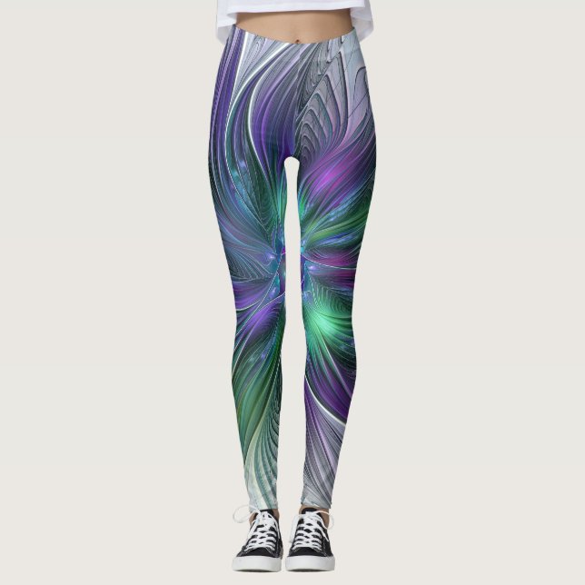 Purple Green Flower Modern Abstract Art Fractal Leggings (Front)