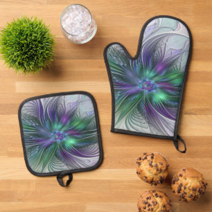 Purple Green Flower Modern Abstract Art Fractal Oven Mitt & Pot Holder Set