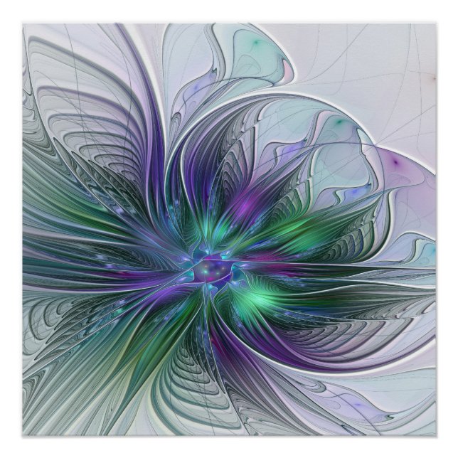 Purple Green Flower Modern Abstract Art Fractal Poster (Front)
