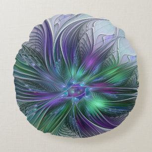 Purple Green Flower Modern Abstract Art Fractal Round Cushion