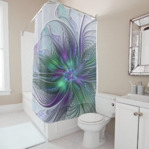 Purple Green Flower Modern Abstract Art Fractal Shower Curtain