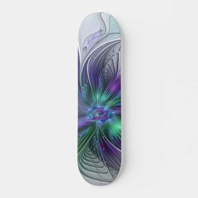 Purple Green Flower Modern Abstract Art Fractal Skateboard (Front)