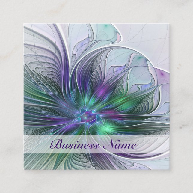 Purple Green Flower Modern Abstract Art Fractal Square Business Card (Front)
