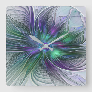 Purple Green Flower Modern Abstract Art Fractal Square Wall Clock