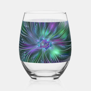 Purple Green Flower Modern Abstract Art Fractal Stemless Wine Glass