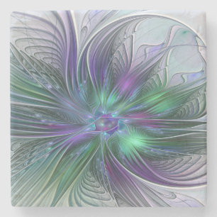 Purple Green Flower Modern Abstract Art Fractal Stone Coaster