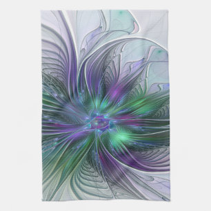 Purple Green Flower Modern Abstract Art Fractal Tea Towel