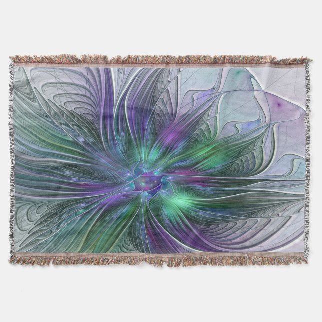 Purple Green Flower Modern Abstract Art Fractal Throw Blanket (Front)