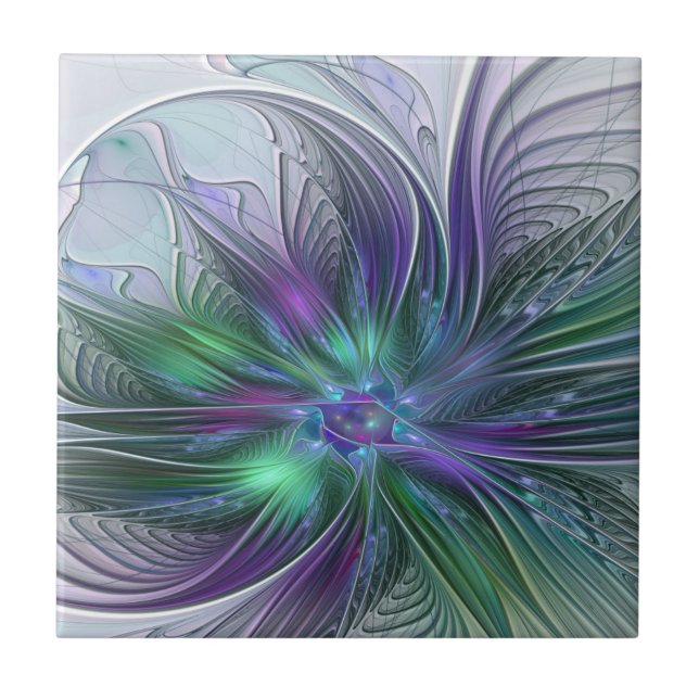 Purple Green Flower Modern Abstract Art Fractal Tile (Front)