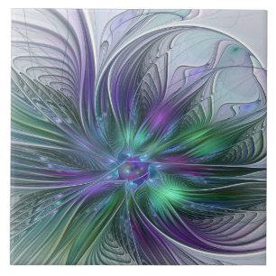 Purple Green Flower Modern Abstract Art Fractal Tile