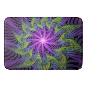 Purple Green Flower Modern Abstract Fractal Art Bath Mat