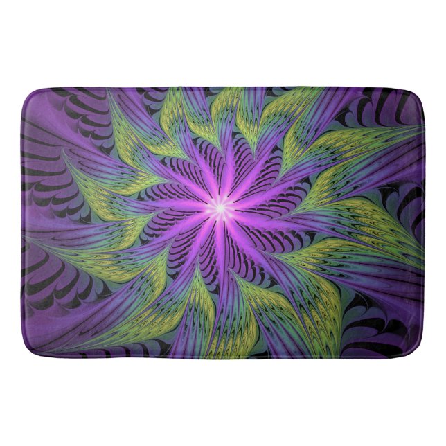 Purple Green Flower Modern Abstract Fractal Art Bath Mat (Front)