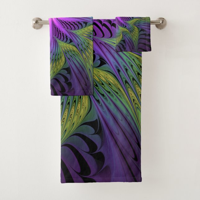 Purple Green Flower Modern Abstract Fractal Art Bath Towel Set (Insitu)