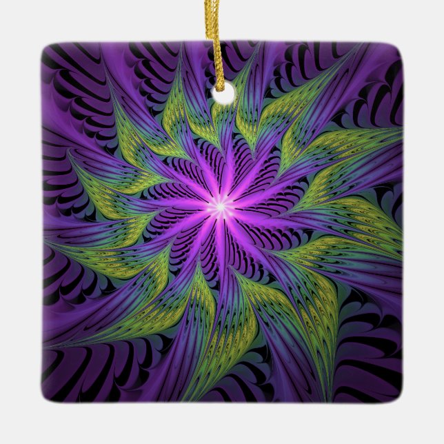 Purple Green Flower Modern Abstract Fractal Art Ceramic Ornament (Front)