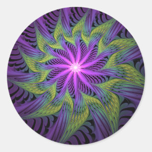 Purple Green Flower Modern Abstract Fractal Art Classic Round Sticker