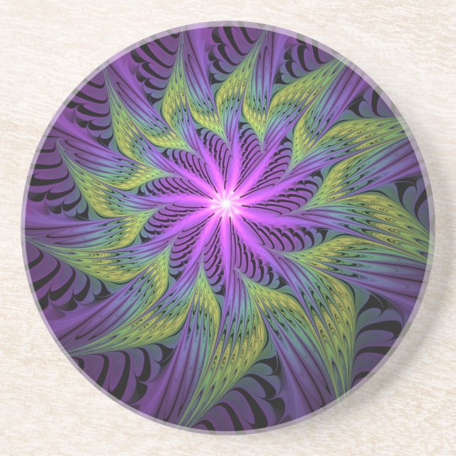 Purple Green Flower Modern Abstract Fractal Art Coaster (Front)