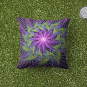 Purple Green Flower Modern Abstract Fractal Art Cushion