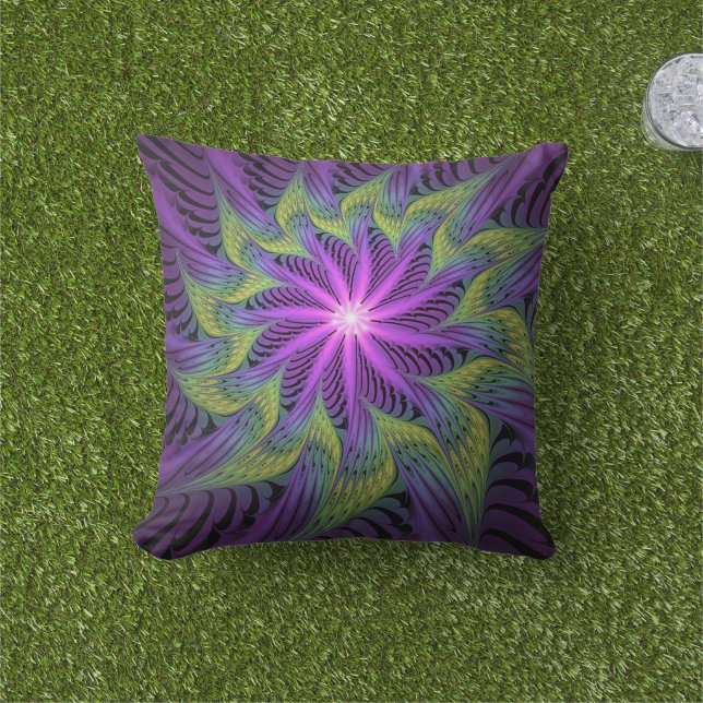 Purple Green Flower Modern Abstract Fractal Art Cushion (Grass)