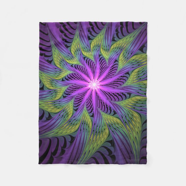 Purple Green Flower Modern Abstract Fractal Art Fleece Blanket (Front)