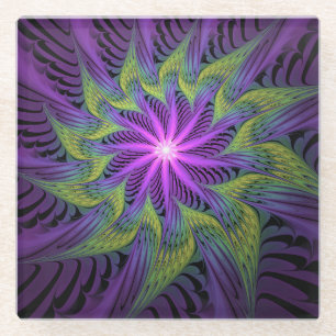 Purple Green Flower Modern Abstract Fractal Art Glass Coaster