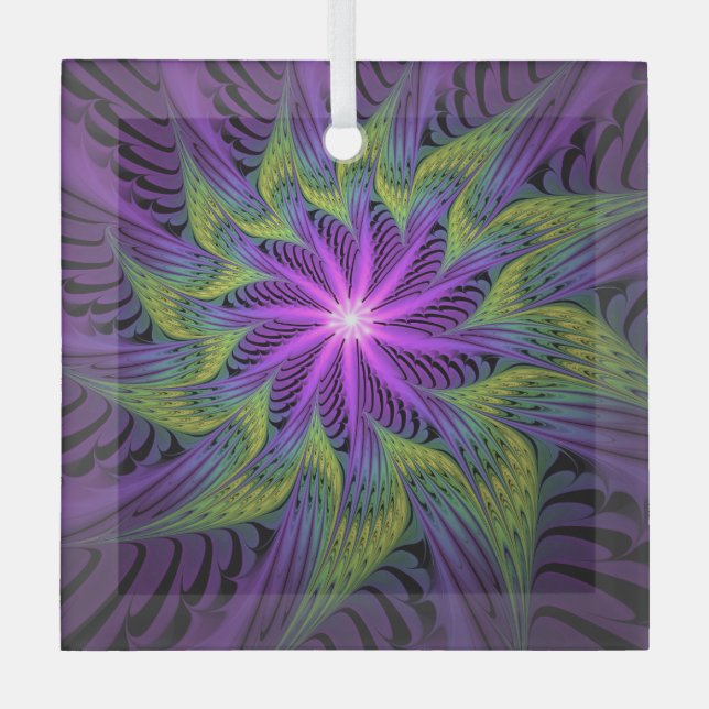 Purple Green Flower Modern Abstract Fractal Art Glass Tree Decoration (Front)