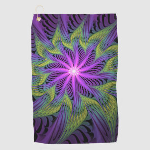 Purple Green Flower Modern Abstract Fractal Art Golf Towel