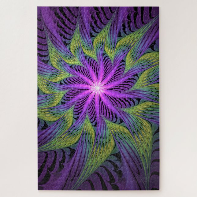 Purple Green Flower Modern Abstract Fractal Art Jigsaw Puzzle (Vertical)