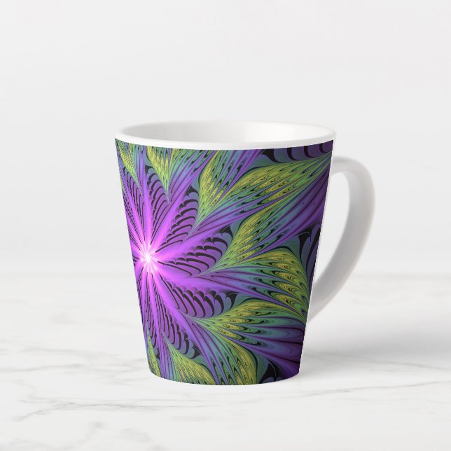 Purple Green Flower Modern Abstract Fractal Art Latte Mug (Right Angle)