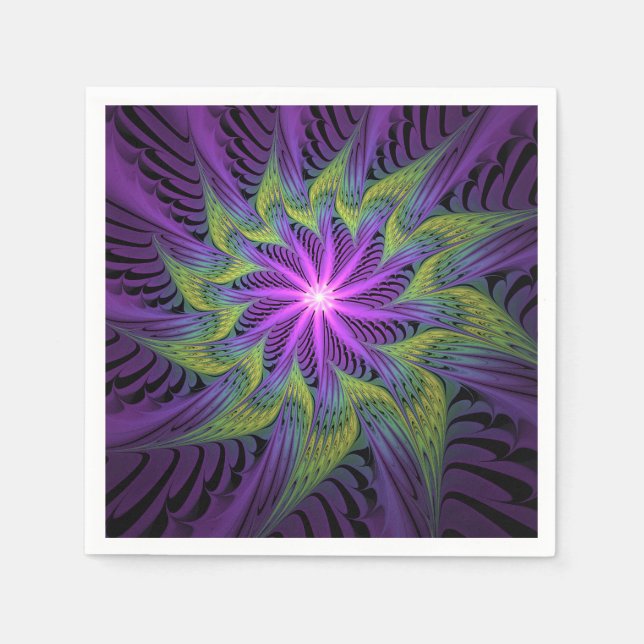 Purple Green Flower Modern Abstract Fractal Art Napkin (Front)