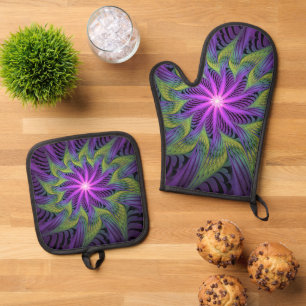 Purple Green Flower Modern Abstract Fractal Art Oven Mitt & Pot Holder Set