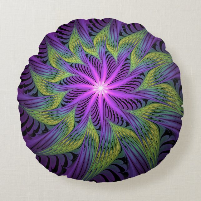 Purple Green Flower Modern Abstract Fractal Art Round Cushion (Front)