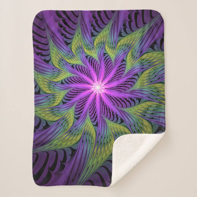 Purple Green Flower Modern Abstract Fractal Art Sherpa Blanket (Front)