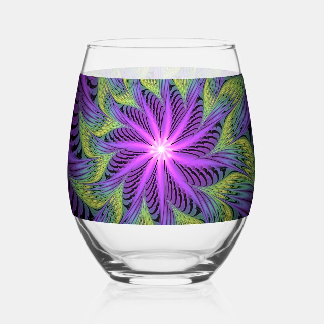 Purple Green Flower Modern Abstract Fractal Art Stemless Wine Glass (Front)