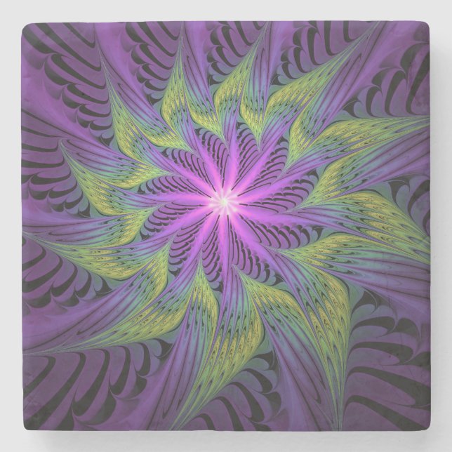 Purple Green Flower Modern Abstract Fractal Art Stone Coaster (Front)