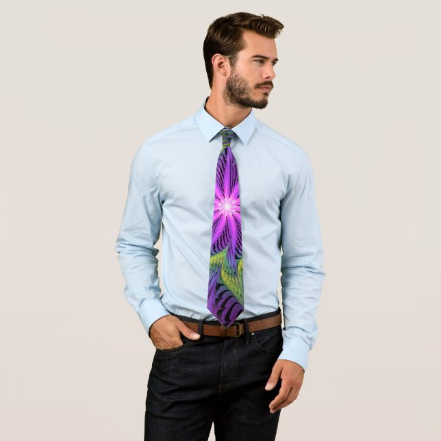 Purple Green Flower Modern Abstract Fractal Art Tie (In Situ)