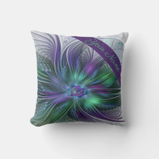Purple Green Flower Modern Abstract Fractal Name Cushion