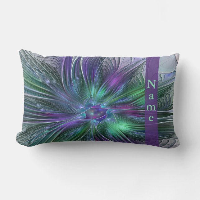 Purple Green Flower Modern Abstract Fractal Name Lumbar Cushion (Front)