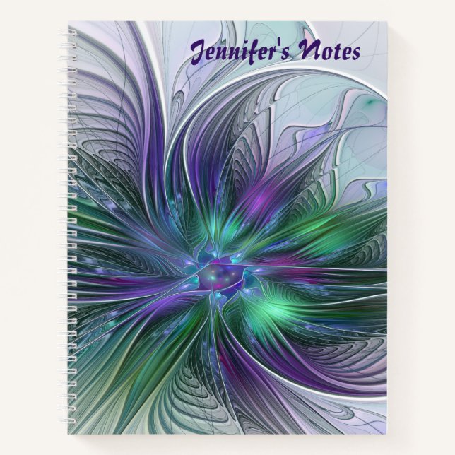 Purple Green Flower Modern Abstract Fractal Name Notebook (Front)