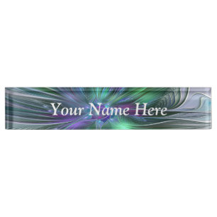Purple Green Flower Modern Abstract Fractal Text Nameplate