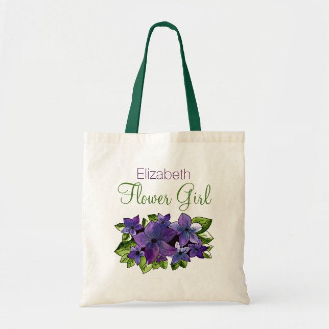 Purple Green Flower with Name Flower Girl Tote Bag (Front)