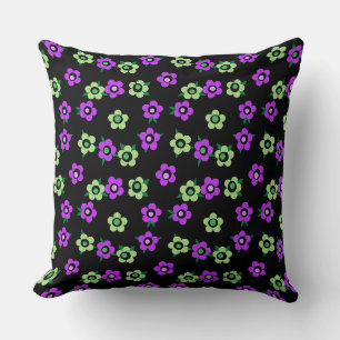 Purple green flowers on black background retro cushion