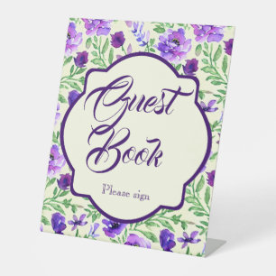 Purple & Green Flowers Wedding Guest Book Tabletop Pedestal Sign