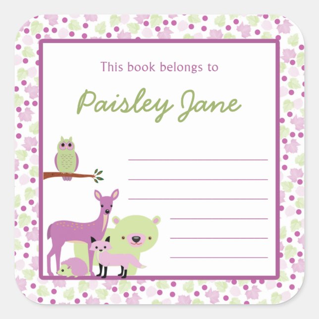 Purple Green Forest Animals Bookplate / book plate Square Sticker (Front)